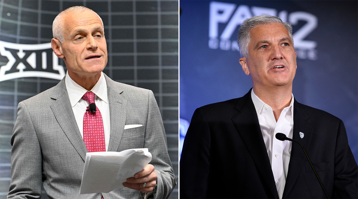 Big 12 commissioner Brett Yormark and Pac-12 commissioner George Kliavkoff.
